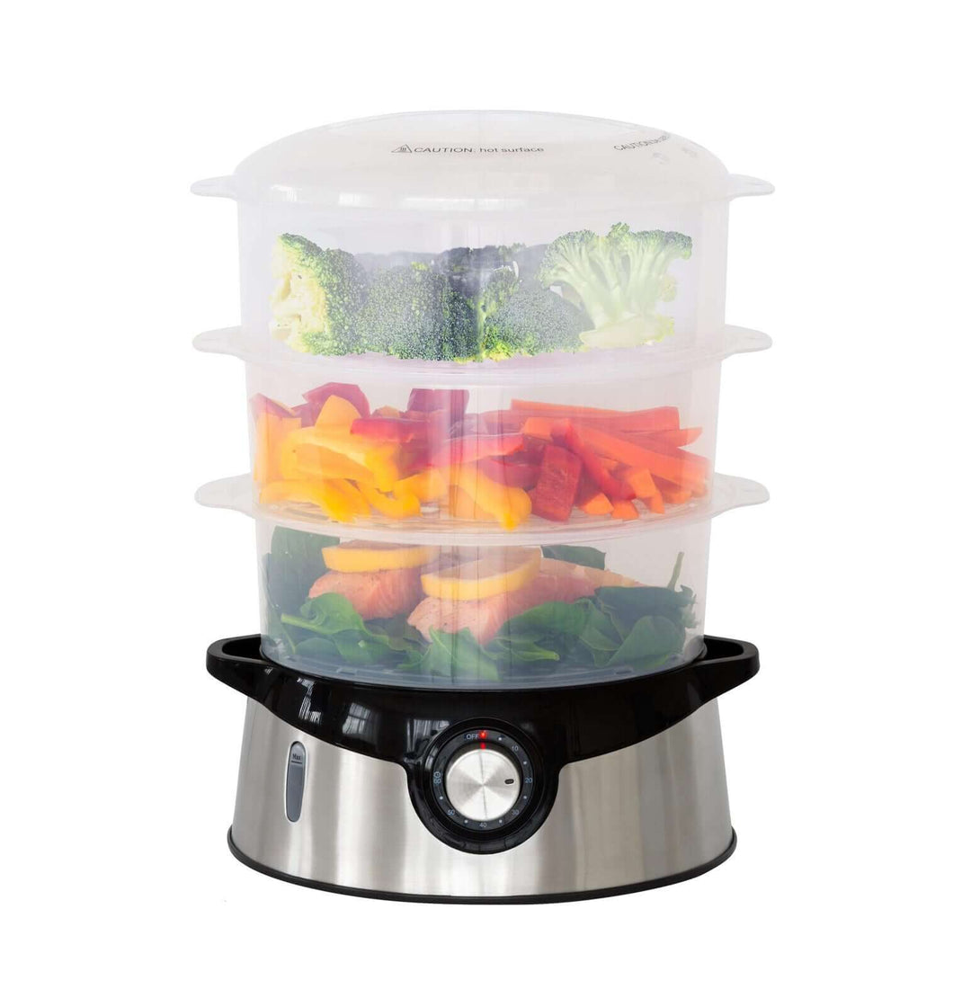 3 tier food steamer with stainless steel base, steaming vibrant vegetables for healthy cooking at an affordable price.