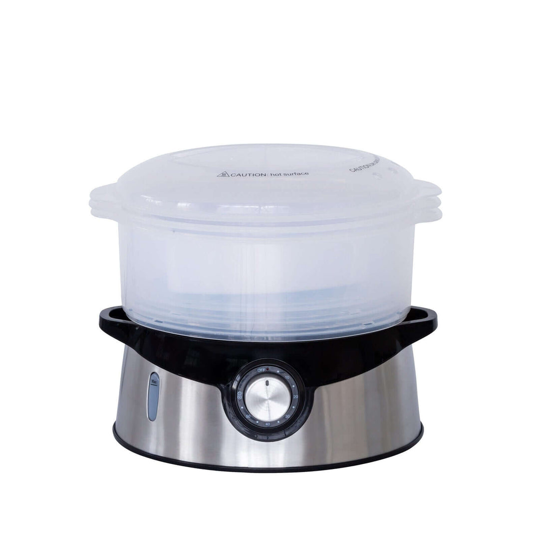 3 Tier food steamer with stainless steel base, modern kitchen appliance for healthy cooking, affordable and quality design.