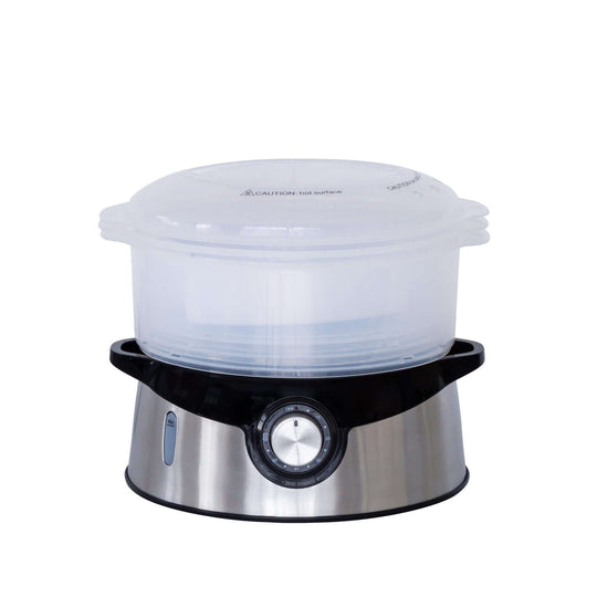 3 Tier food steamer with stainless steel base, modern kitchen appliance for healthy cooking, affordable and quality design.