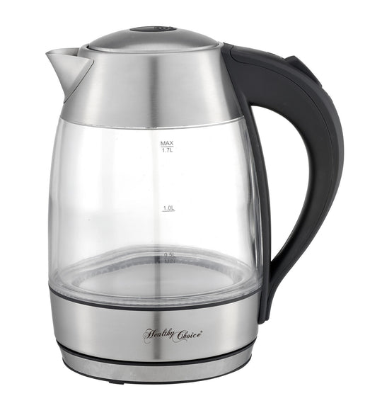 Healthy Choice 1.7 Litre Glass Kettle with 360° rotational base, offering quality and affordability for any modern kitchen.