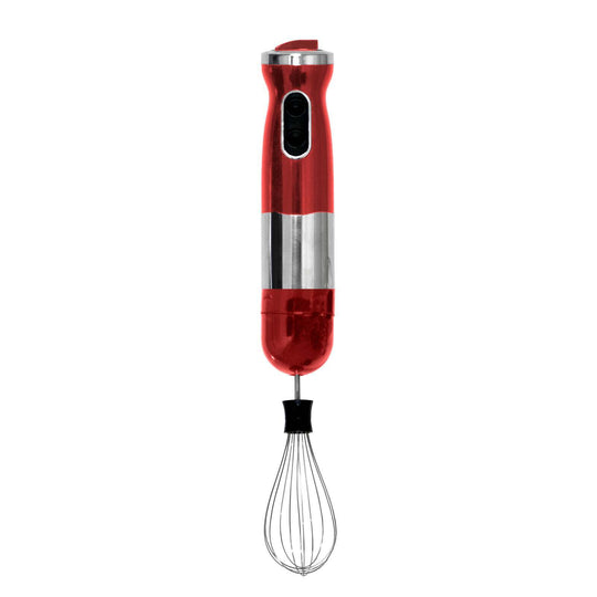 Red electric stick hand blender and mixer with a 700ml capacity, affordable quality kitchen appliance for preparing soups and sauces.