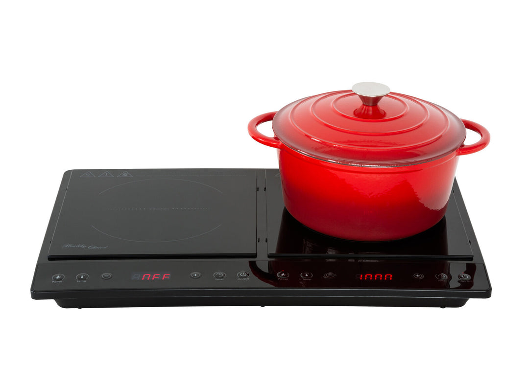 Double induction cooker with red pot, dual plates, adjustable power levels, and large digital displays. Perfect for camping and caravan use.