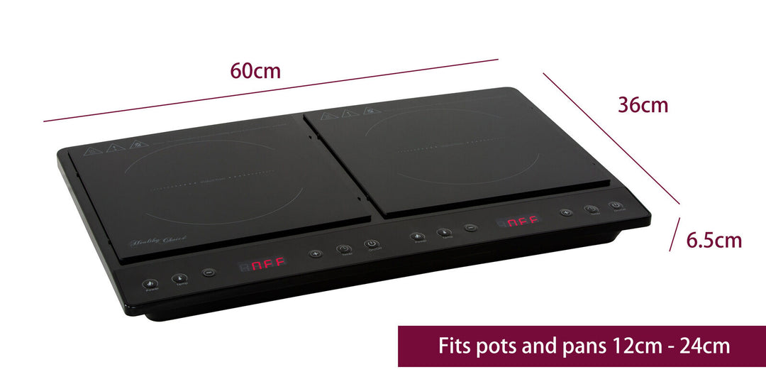 Double induction cooker with two plates, fits 12cm to 24cm pots and pans, dimensions 60cm x 36cm x 6.5cm.