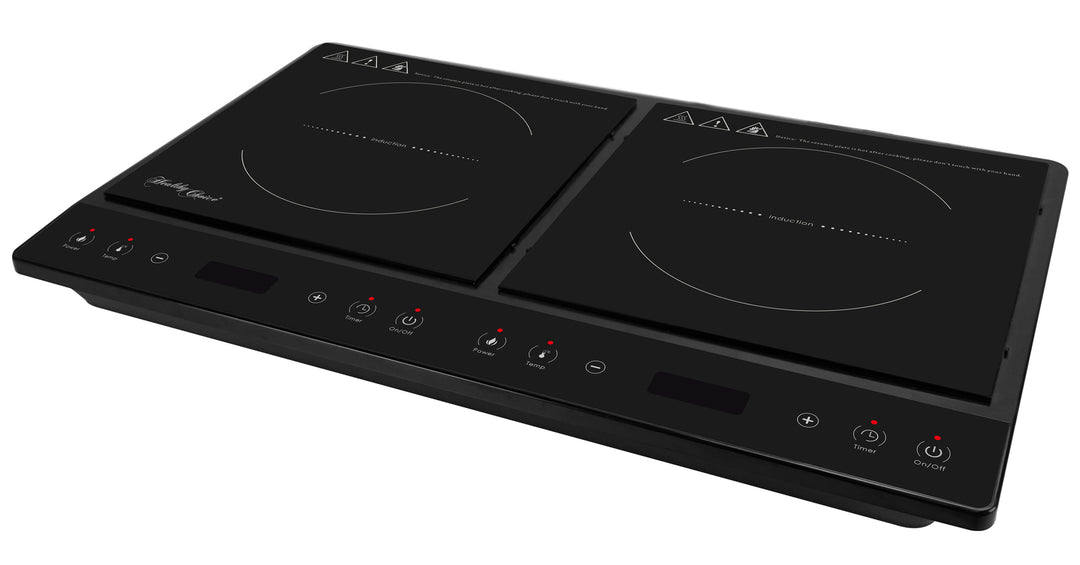 Double induction cooker with 2 plates, digital controls, and sleek black design, perfect for value furniture, affordable, and quality cooking.