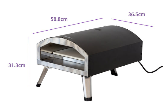 Compact and portable 12" outdoor electric pizza oven with dimensions 58.8cm x 36.5cm x 31.3cm, ideal for quality and affordable outdoor cooking.