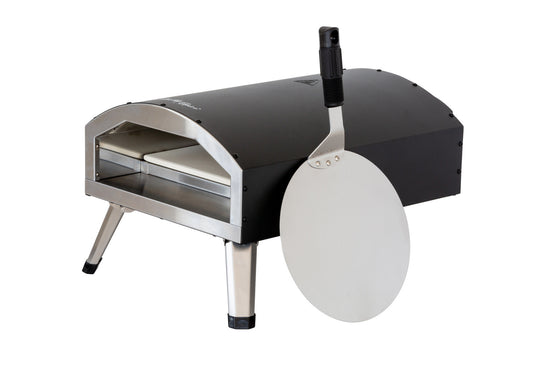 Compact and portable 12" electric pizza oven with lightweight design and pizza peel, perfect for outdoor cooking and affordable quality.