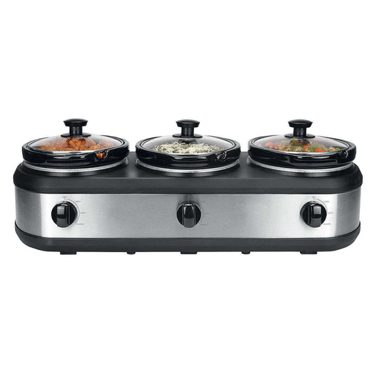 3-Pot Slow Cooker with transparent lids, adjustable settings, and stainless steel finish, perfect for affordable home cooking.