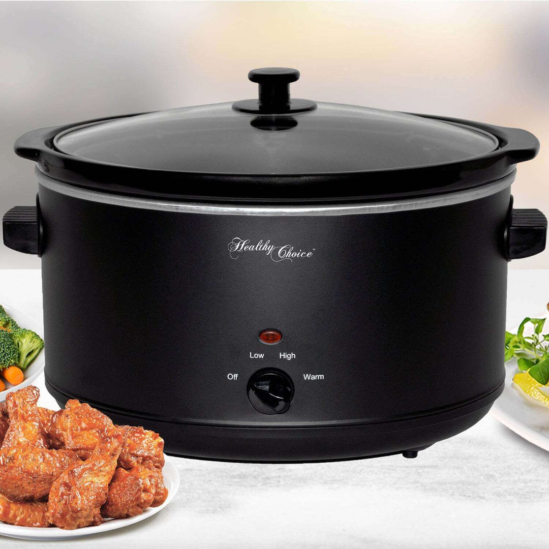 8L black slow cooker with large ceramic pot surrounded by cooked meals, ideal for affordable, quality, value furniture solutions