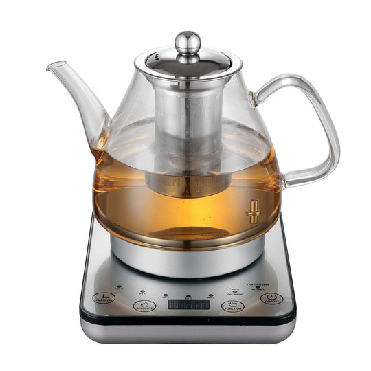 1.2L Digital Glass Kettle with Electric Tea Pot & Infuser on microcrystalline glass base showcasing temperature control for quality tea brewing.