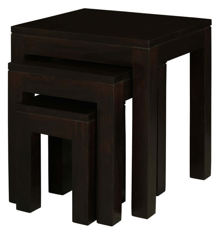 Amsterdam Nest of Table Set of 3 in chocolate finish, featuring sleek design and solid mahogany craftsmanship.