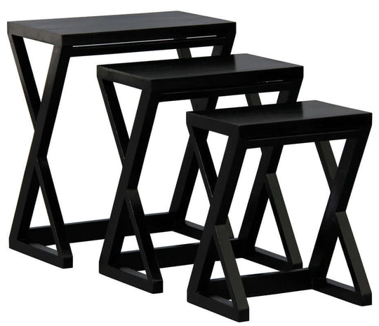 Manhattan Nest of Tables set of 3 in black, featuring modern angular design and solid mahogany craftsmanship.