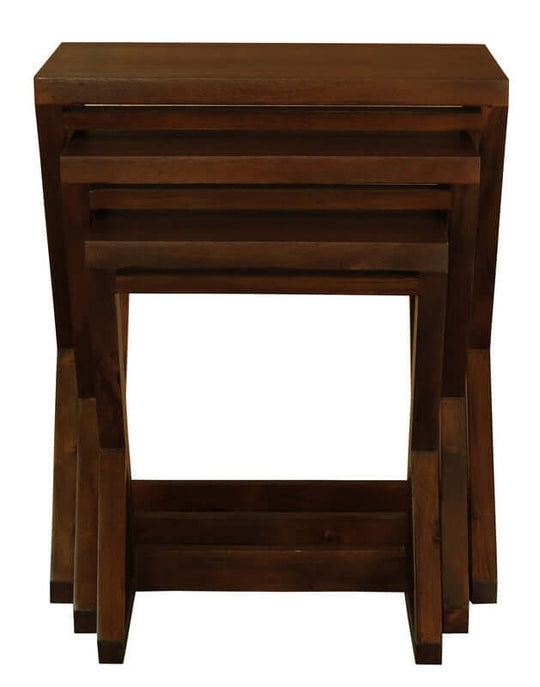 Manhattan Nest of Tables set of 3 in mahogany, showcasing affordable luxury with quality craftsmanship and unique angular design.