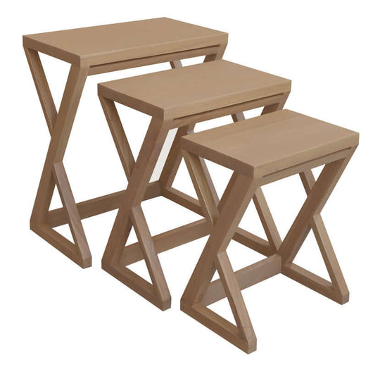 Set of 3 Manhattan Nest of Tables in natural finish with unique angular design, perfect for affordable modern decor.