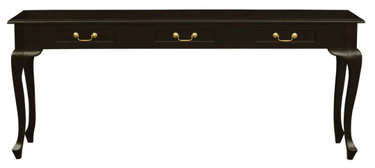 Elegant Queen Anne chocolate sofa table with 3 drawers, crafted from quality mahogany. Affordable luxe furniture for living spaces.