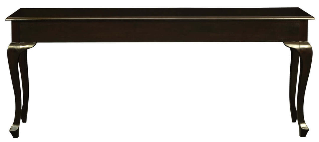 Queen Anne 3 Drawer Sofa Table in chocolate finish, affordable luxury furniture crafted from mahogany, perfect for DIY decor.