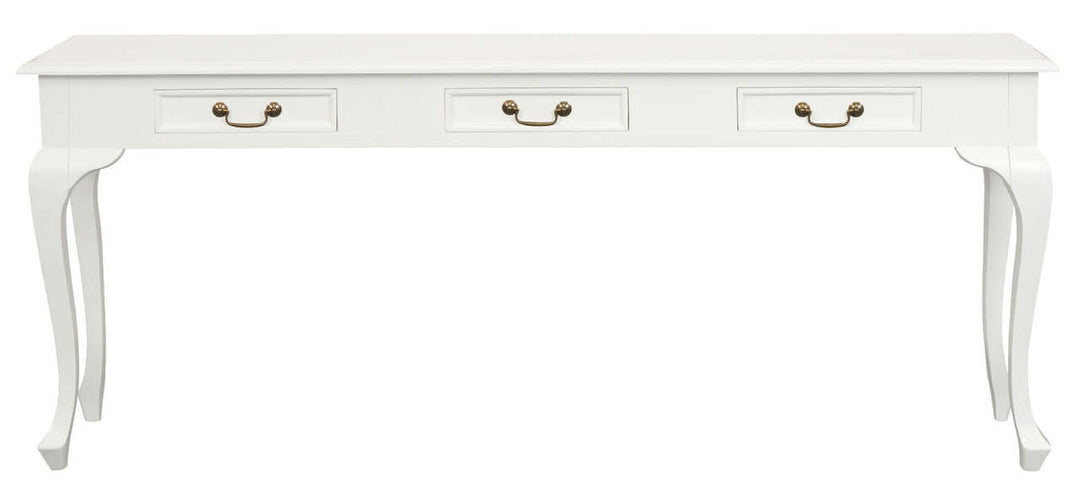 Queen Anne 3 Drawer Sofa Table in white, elegant design, mahogany, affordable luxury for living room decor.