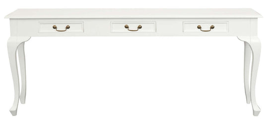 Queen Anne 3 Drawer Sofa Table in white, elegant design, mahogany, affordable luxury for living room decor.