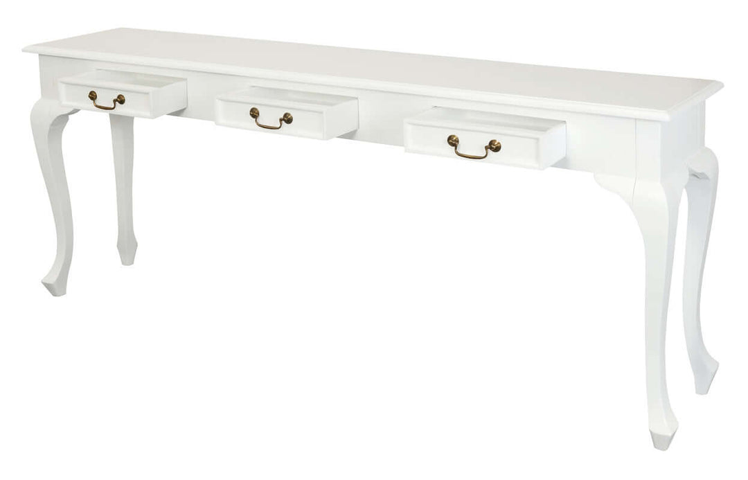 Affordable Queen Anne 3 Drawer Sofa Table in white, crafted from solid mahogany, combining style and functionality.