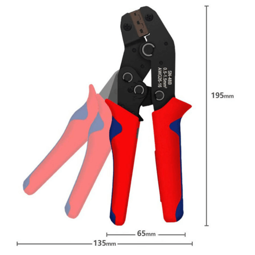 SN-48B crimping pliers with red and blue handles, 195mm x 135mm x 65mm, ideal for DIY and quality electrical connections.