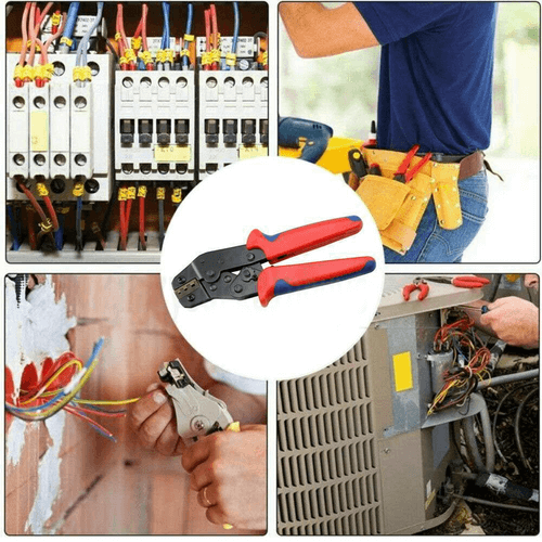 Assorted waterproof insulated electrical wiring connectors and crimp terminals pliers in action for DIY projects.