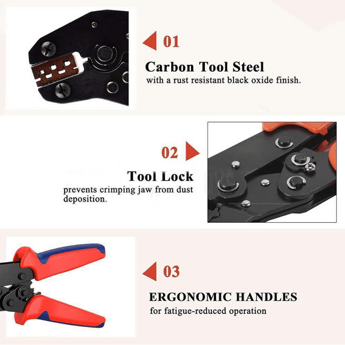 Features of SN-48B crimping pliers: carbon steel construction, tool lock for protection, ergonomic handles for comfort.