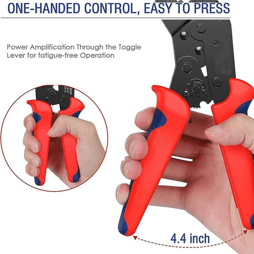 One-handed control crimping pliers with ergonomic grip for easy, fatigue-free operation.