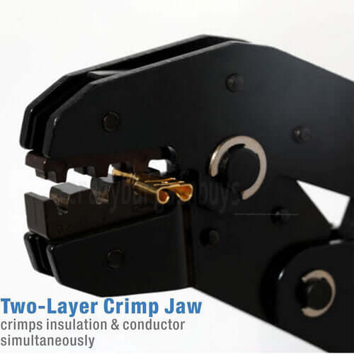 Two-layer crimp jaw tool for efficient crimping of insulation and conductor, ideal for DIY electrical projects.