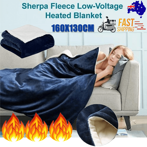 Double-sided Sherpa fleece heated blanket, 160x130cm, providing cozy warmth for cold nights, featuring fast shipping and quality comfort.