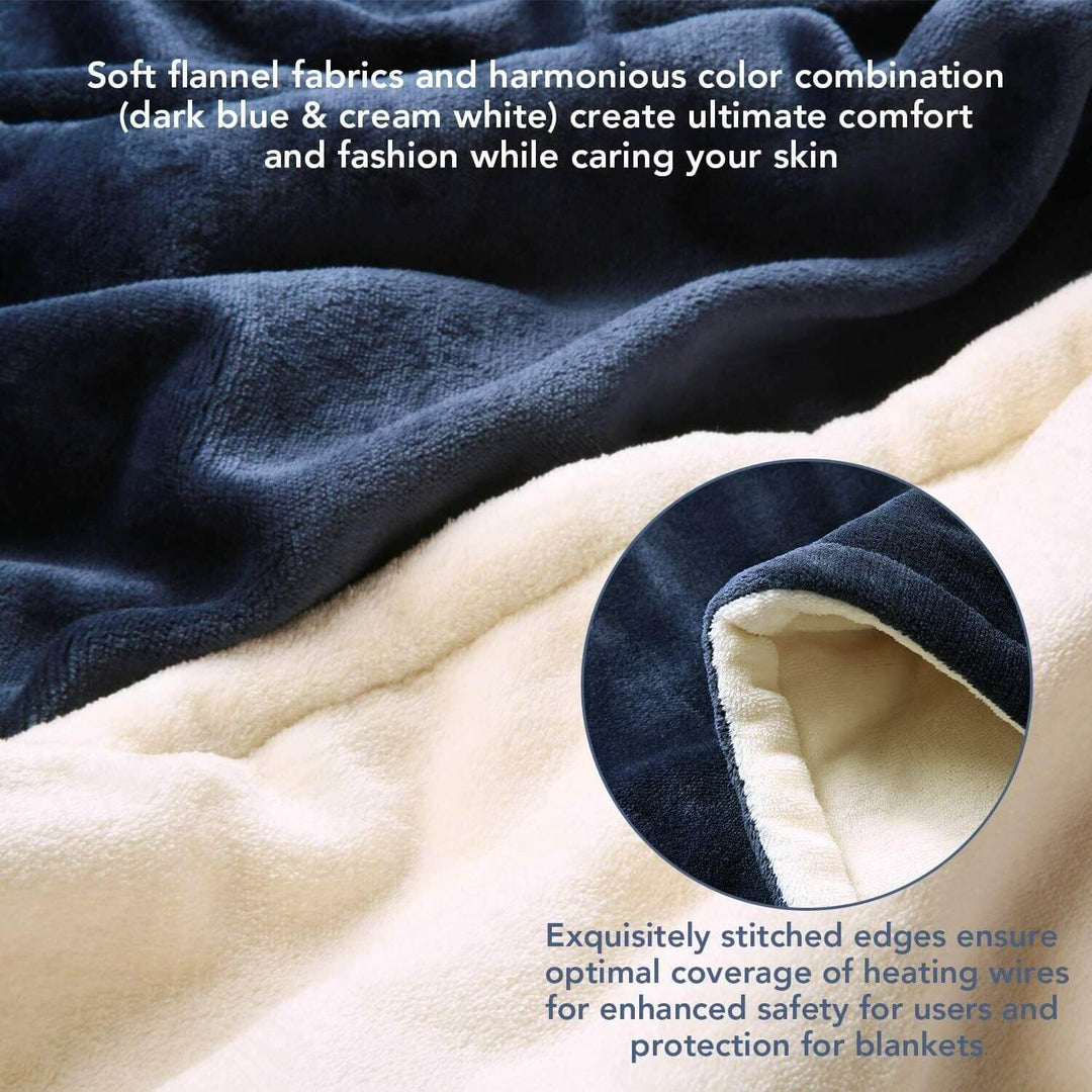 Blue and cream flannel heated blanket with soft fabric and neatly stitched edges for comfort and safety.