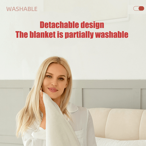 Woman with a partially washable detachable design blanket, highlighting convenience and easy care features.