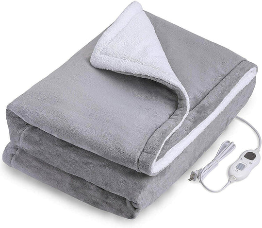 Double-sided flannel heated throw rug blanket in grey, soft and washable with fast heating options.