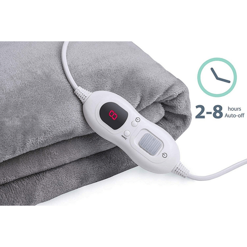 Close-up of the controller of a grey double-sided flannel heated throw blanket showing 2-8 hours auto-off feature.