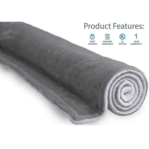 Double-side flannel heated electric throw blanket in grey, features fast heating and machine washable fabric.