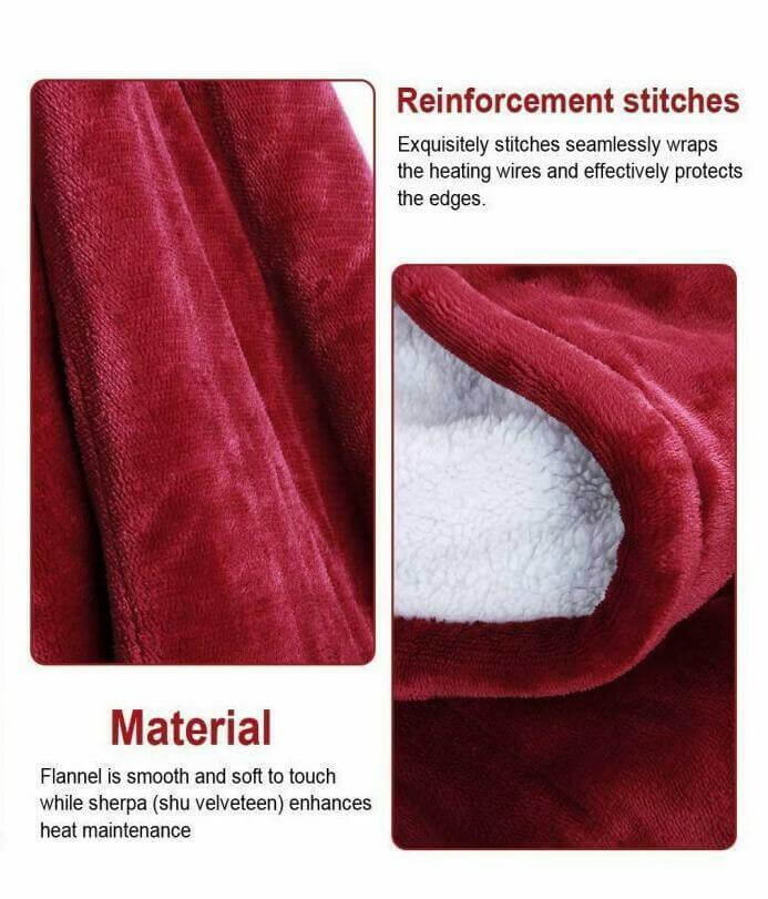 Close-up of red flannel heated throw blanket showing soft texture and reinforcement stitches for durability.