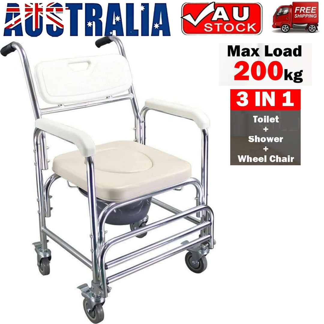 Mobile shower toilet commode chair with aluminum frame, 200kg capacity, 3 in 1 design for comfort and convenience.