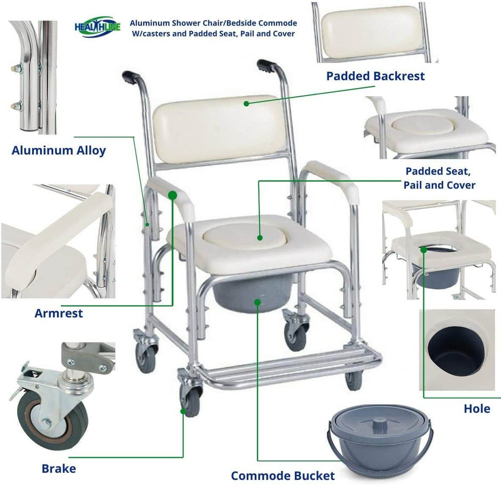 Aluminum shower chair with padded seat, backrest, armrests, commode bucket, and casters for comfort and convenience.