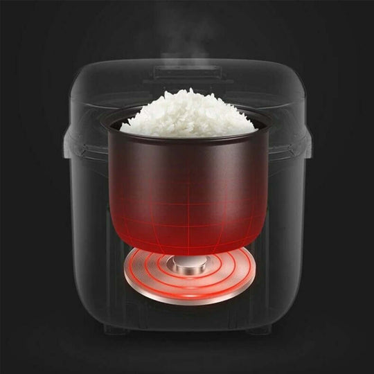 1.2L portable electric rice cooker with steaming rice inside, showcasing lightweight design and energy-efficient heating.