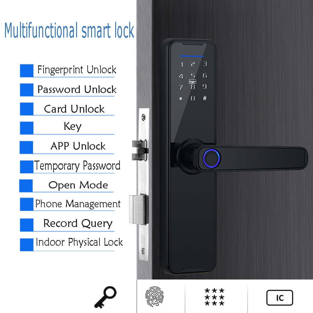 Multifunctional smart door lock with fingerprint, password, card, key, and app unlock options for easy home access.