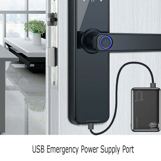 USB emergency power supply port on a smart door lock, ensuring accessibility and convenience for users.