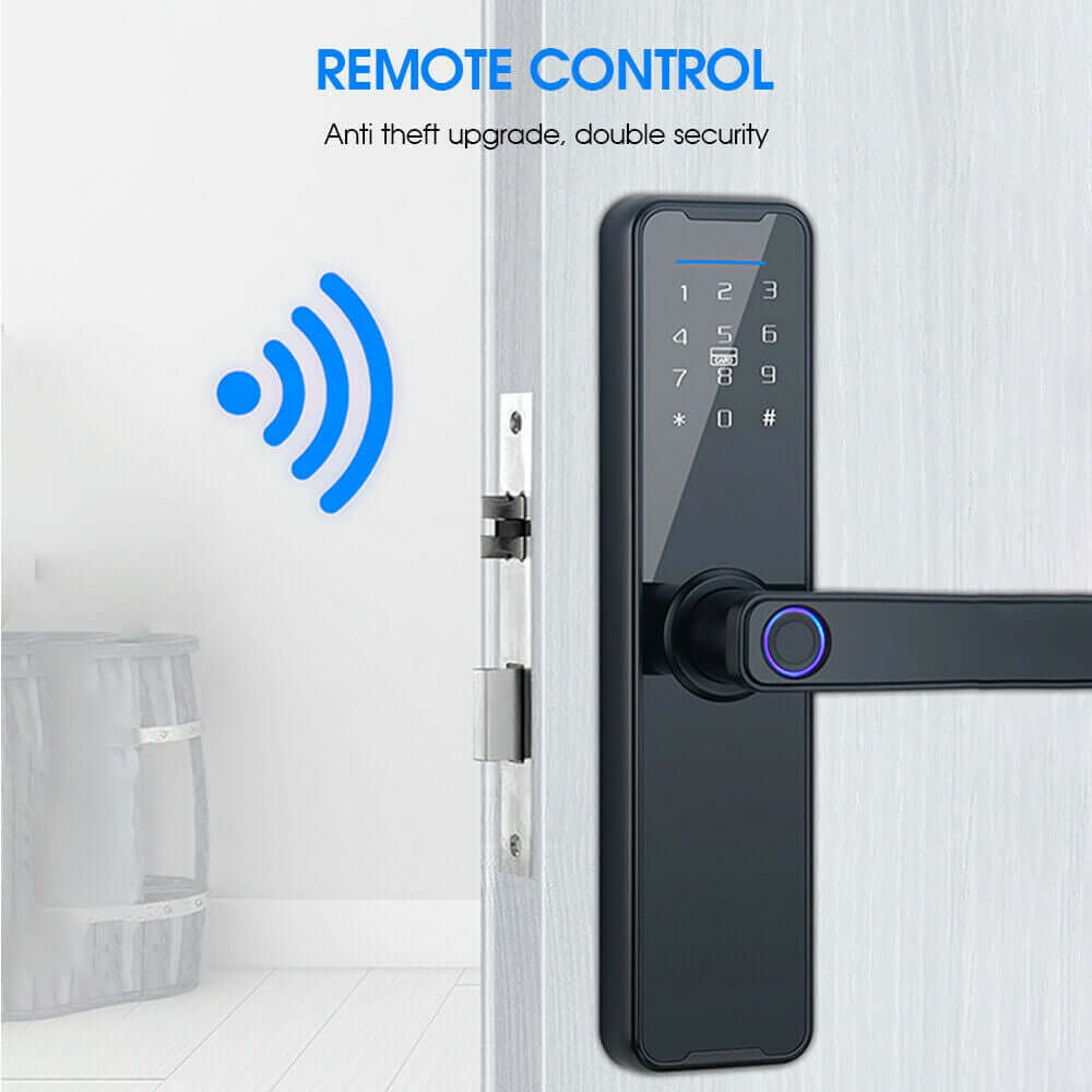 Smart door lock with remote control and anti-theft features, enhancing security and convenience for homeowners.