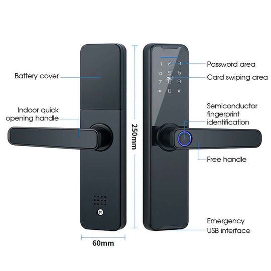 Tuya Home WiFi Smart Door Lock featuring fingerprint, password, and card unlocking, with USB emergency access.