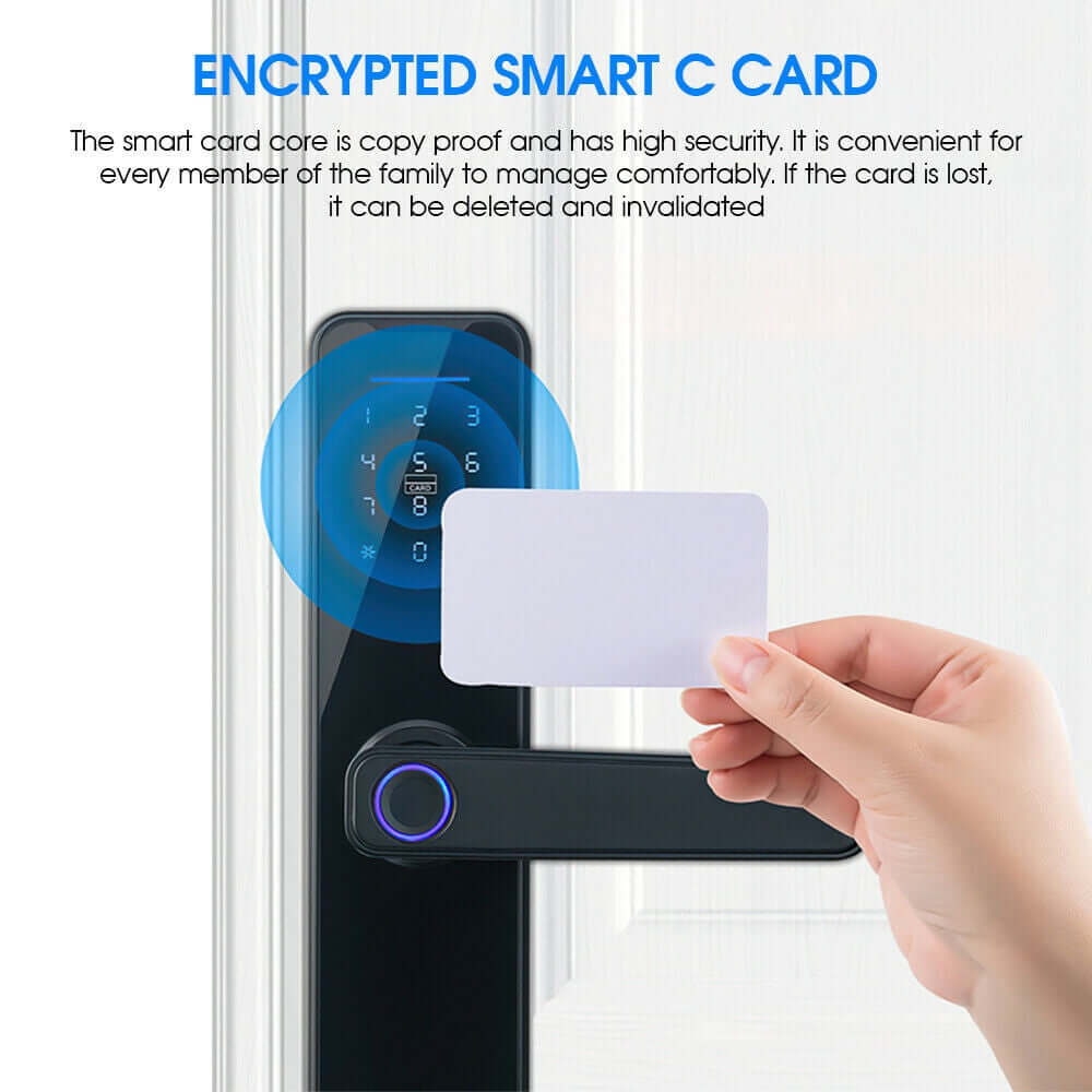 Person holding an encrypted smart card near a smart door lock with a fingerprint sensor, showcasing security and convenience.