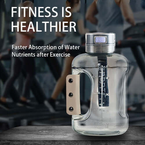 Hydrogen water bottle designed for fitness, promotes faster nutrient absorption after exercise, clear glass, ergonomic handle.