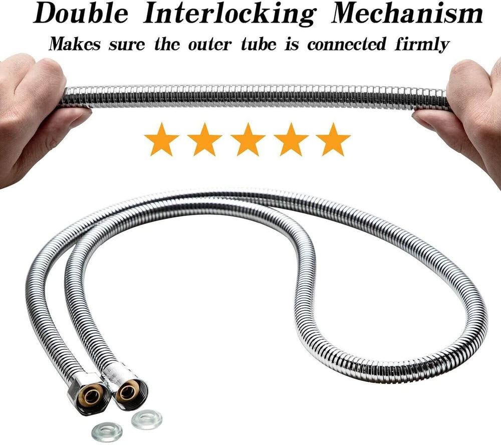 5 FT stainless steel shower head hose with double interlocking mechanism for durability and flexibility.