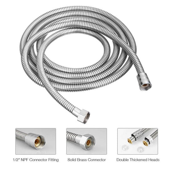 5 FT stainless steel shower head hose with brass connectors, durable twist-free design for affordable DIY bathroom upgrades.