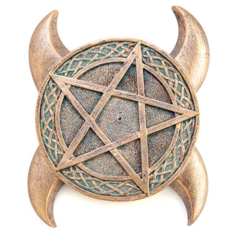 Affordable copper-looking pentacle moons incense burner with Celtic knot design, ideal for DIY incense stick use.