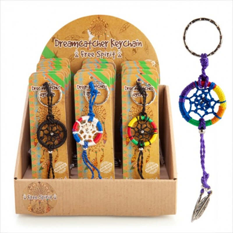 Colorful handmade dreamcatcher keychain display with silver feather charms, affordable DIY luxury keychains.