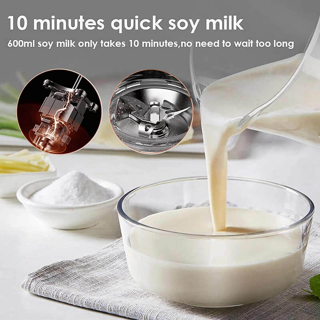 Joyoung blender pouring freshly blended soy milk into a bowl, highlighting rapid 10-minute soy milk preparation.