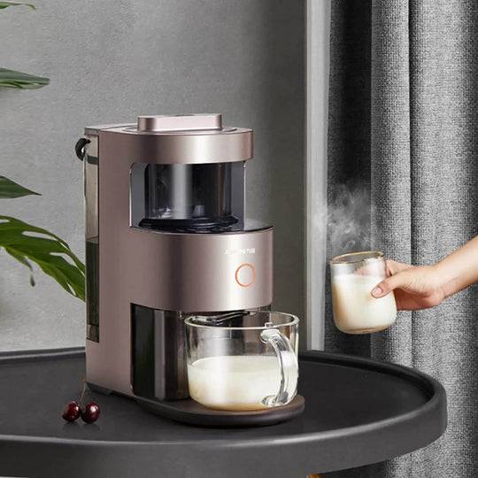 Joyoung High Speed Power Blender Food Processor on a table, blending and serving a hot drink, highlighting quality and affordable value furniture.