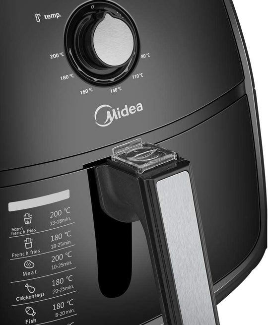 Close-up of Midea 4L 1500W Multi-functional Air Fryer - Black, showing temperature control knob and stainless steel decorated handle.